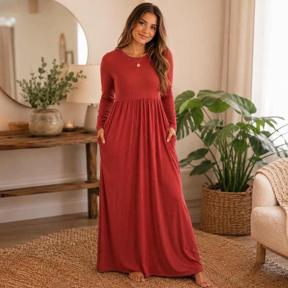 Bellamie Womens Long Sleeve Empire Waist Maxi Dress Red Terracotta 6685